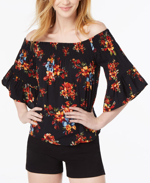 Juniors' Smocked Printed Off-The-Shoulder Top